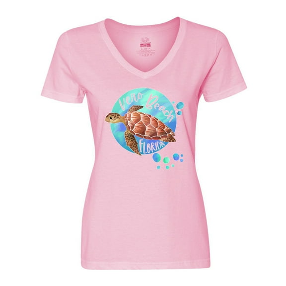 Inktastic Vero Beach, Florida Swimming Sea Turtle with Bubbles Women's V-Neck T-Shirt
