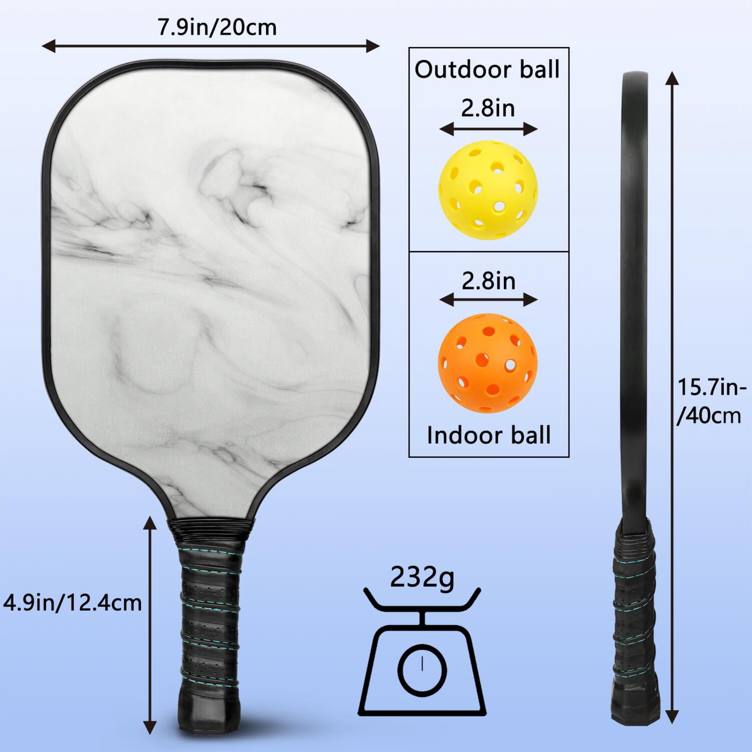 Pickleball Paddles Set Of 1, Fiberglass Surface, Turquoise Marble Pattern, 1 Paddle, 2 Balls & Bag