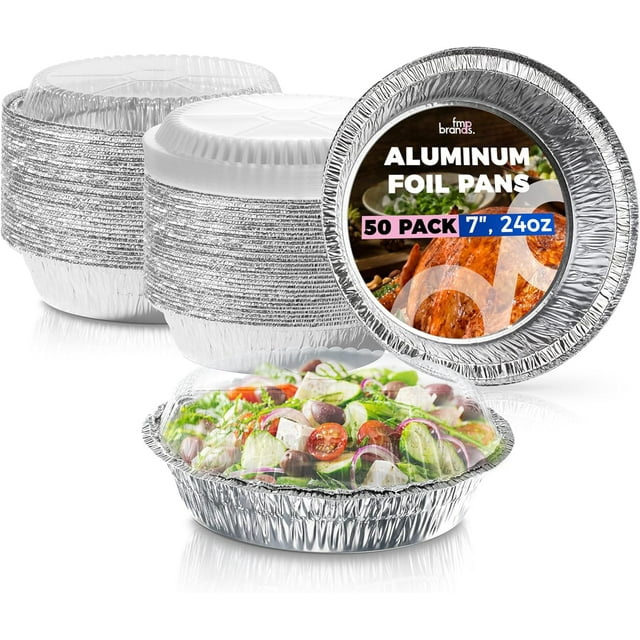 50 Pack 7" Round Aluminum Foil Pans with Clear Dome Lids, Pie Tins Disposable 7 inch with Lids, Take Out Containers, Freezer Oven Safe Aluminum Baking Pans for Storing, Cooking, Storage