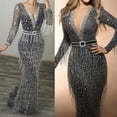 thumbnail image 1 of Robes pour Femmes en Solde Grande Taille Robe Longue à Manches Longues Col en V à Paillettes Gris L JE, 1 of 9