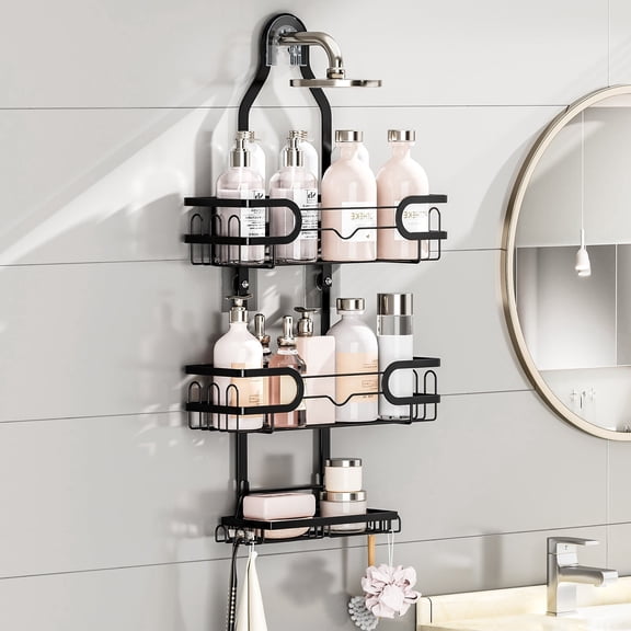 Charcrocsm Shower Caddy, Rustproof Aluminum Bathroom Shelf Rack, Large Shampoo & Soap Holder for Corner or Over-The-Showerhead Installation