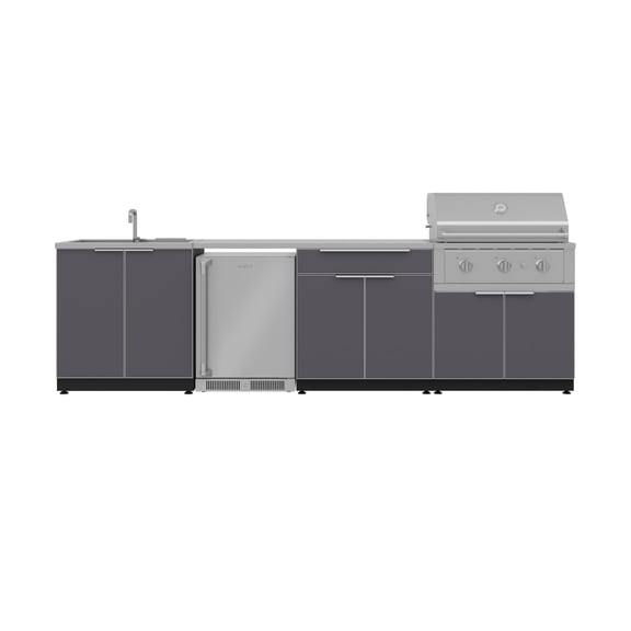 NewAge Products Outdoor Kitchen Aluminum 6 Piece Cabinet Set with Sink, Bar, Grill Cabinet, Performance Grill, Countertop and Stainless Steel Door Fridge