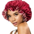 thumbnail image 3 of Capuchón de sombrero de satén sedoso de color sólido, gorros para mujeres, gorro sedoso para cabello rizado, envoltura de cabello para mujeres para dormir, doble capa de vino rojo, 3 of 3