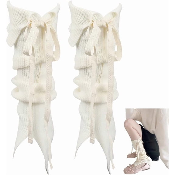 1 Pair White Cotton Loose Leg Warmers Vintage Bowknot Layered Long Socks Cute Polyester Ruffled Kawaii Jk Legs Sleeves for Women Lolita Party Festival Clothing Accessories Decoration Gifts