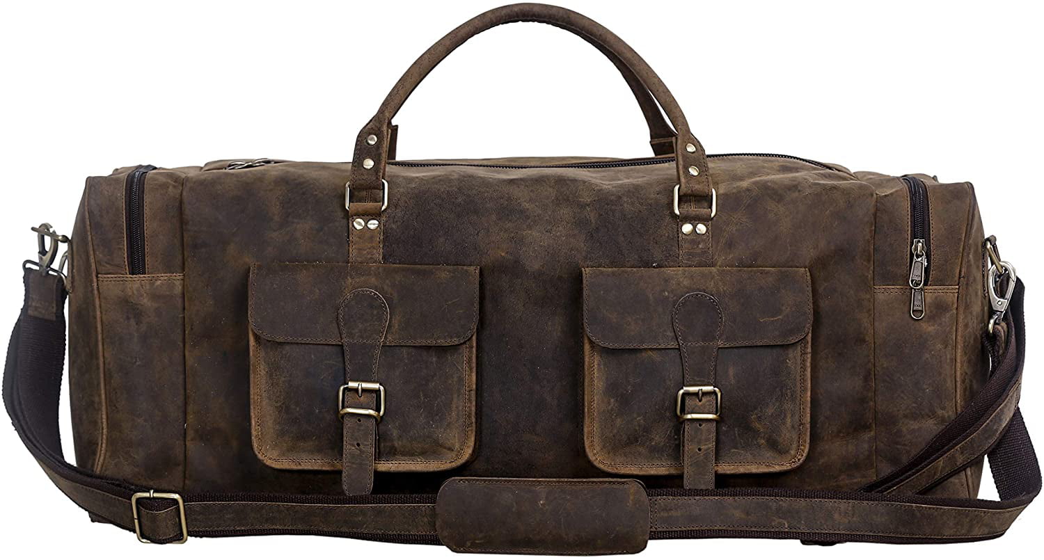 LADIES MENS LEATHER HOLDALL GYM TRAVEL DUFFLE SPORTS CABIN COWHIDE LEATHER BAG 
