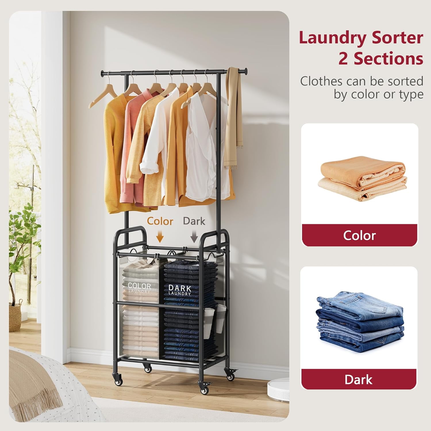 Laundry Sorter with Hanging Rack, 2 Section Rolling Laundry Hamper with Lockable Wheels and Removable Bag