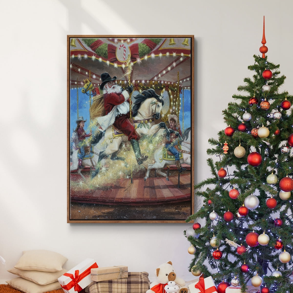 Merry Go Round - Framed Gallery Wrapped Holiday Canvas - 25 x 37 - Rosewood Frame