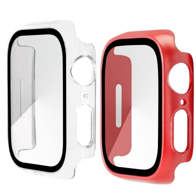 2 Pack PC Cas avec Protecteur d'Écran en Verre Trempé Compatible avec Apple Watch Série 8/7 45mm, Ultra-Mince Résistant aux Rayures Couverture de Protection Globale pour iWatch S8/S7 transparent et Rouge original