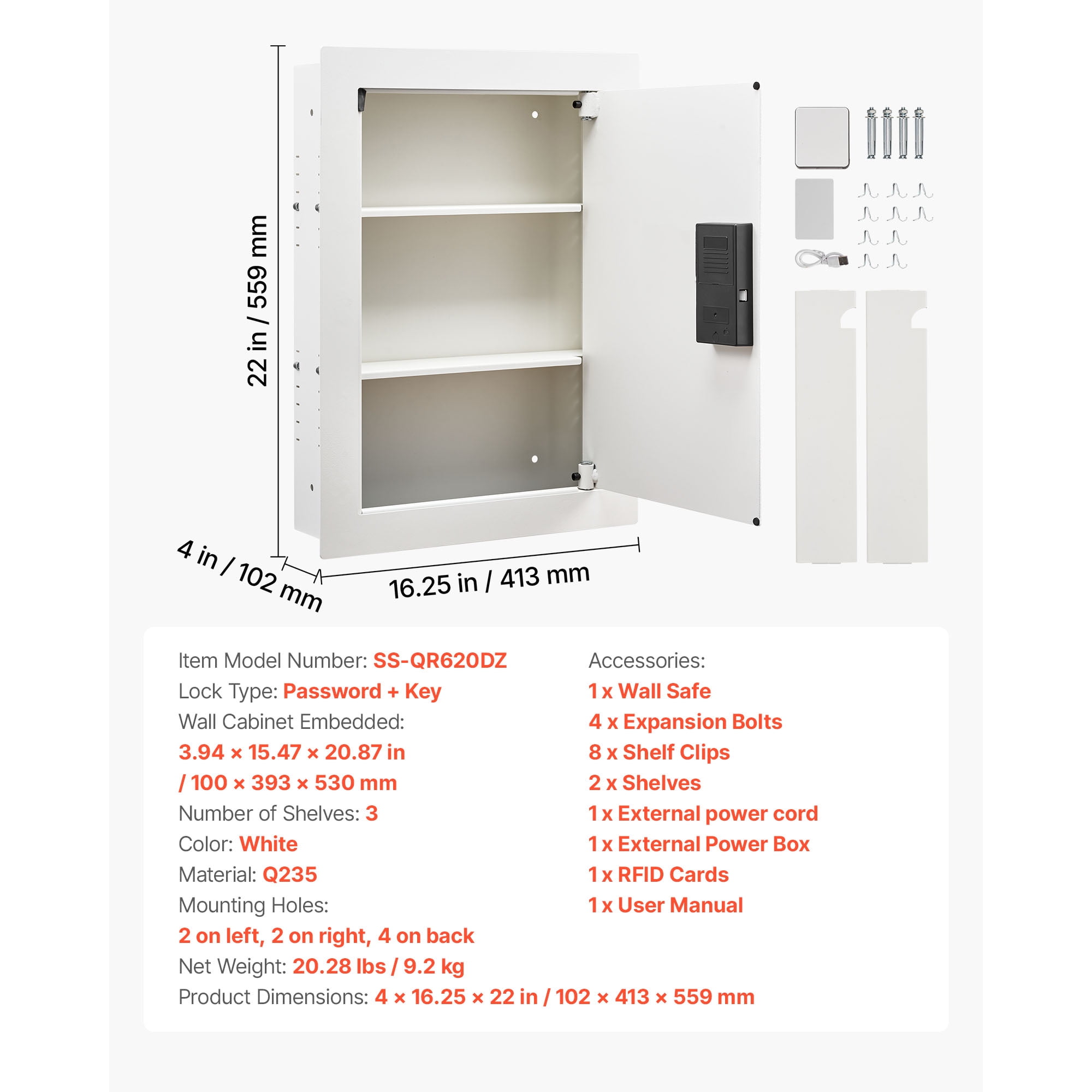 KFFKFF 0.83 sq.ft Wall Safe, 3-Tier Hidden Safe with Password, Key & Turning Knob, Q235 Cold-Rolled Steel In-Wall Storage with Adjustable Shelves & Mounting Holes for Valuables, White