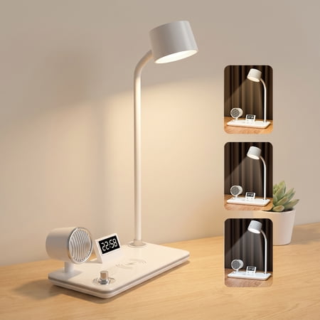 Behome 4-in-1 Desk Lamp with Wireless Charger, Digital Clock & Bluetooth Speaker, Eye-Caring 3-Color Dimmable Table Lamp, Flexible Gooseneck Desk Light for Home Office