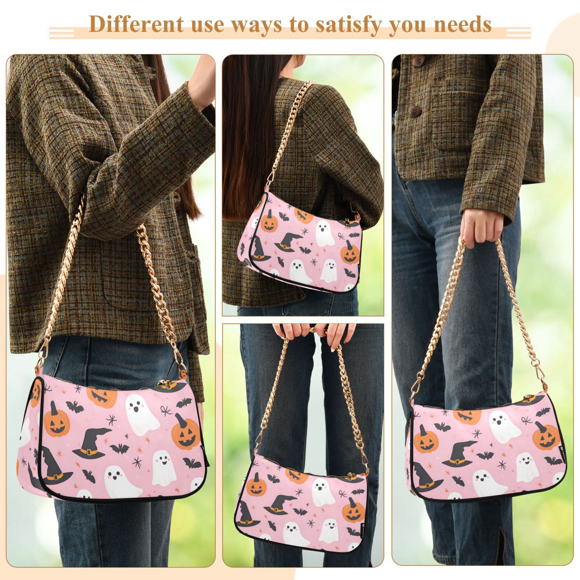 FORMRS Womens Shoulder Bag with Chain Strap Clutch Purse Cute Tote Handbag, Pink Halloween Ghosts