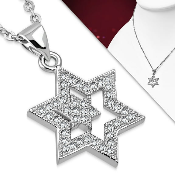 Stainless Steel Silver-Tone CZ Jewish Star of David Pendant Necklace, 18"