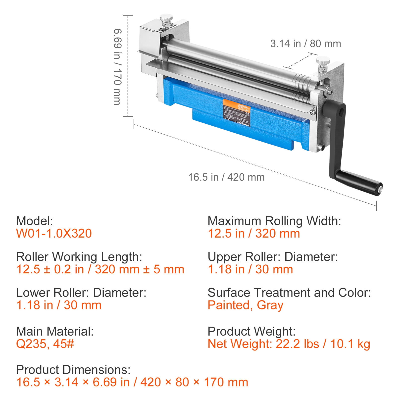 SKYSHALO Sheet Metal Roller, 12.6" Forming Width, 20 Gauge Steel Capacity, for Bending and Rolling Low Carbon Steel, Copper, and Aluminum Alloy Sheets, Includes 2 Removable Rollers