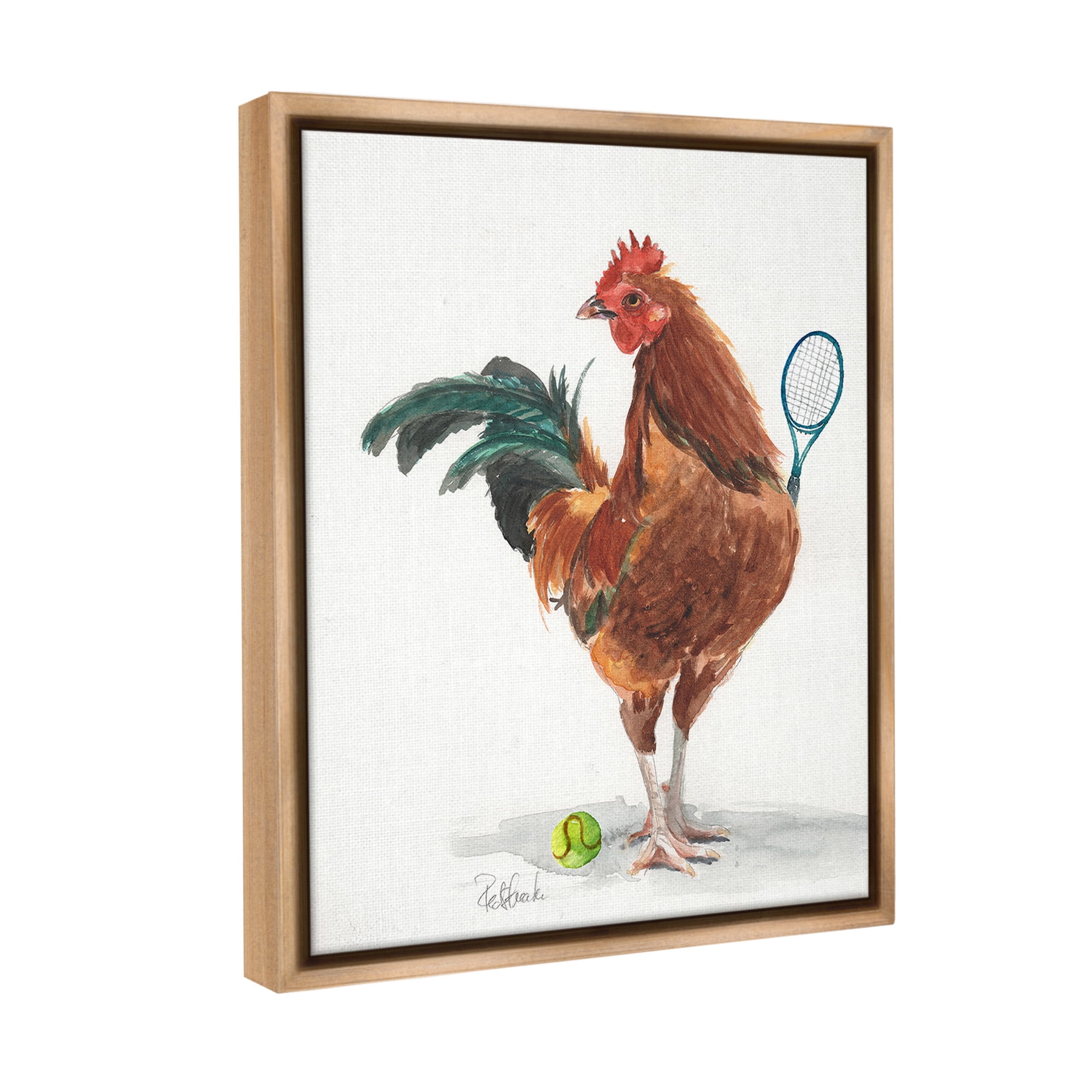 Stupell Industries Tennis Player Rooster Animals & Insects Painting Brown Floater Framed Canvas Art Print Wall Art, 17 x 21