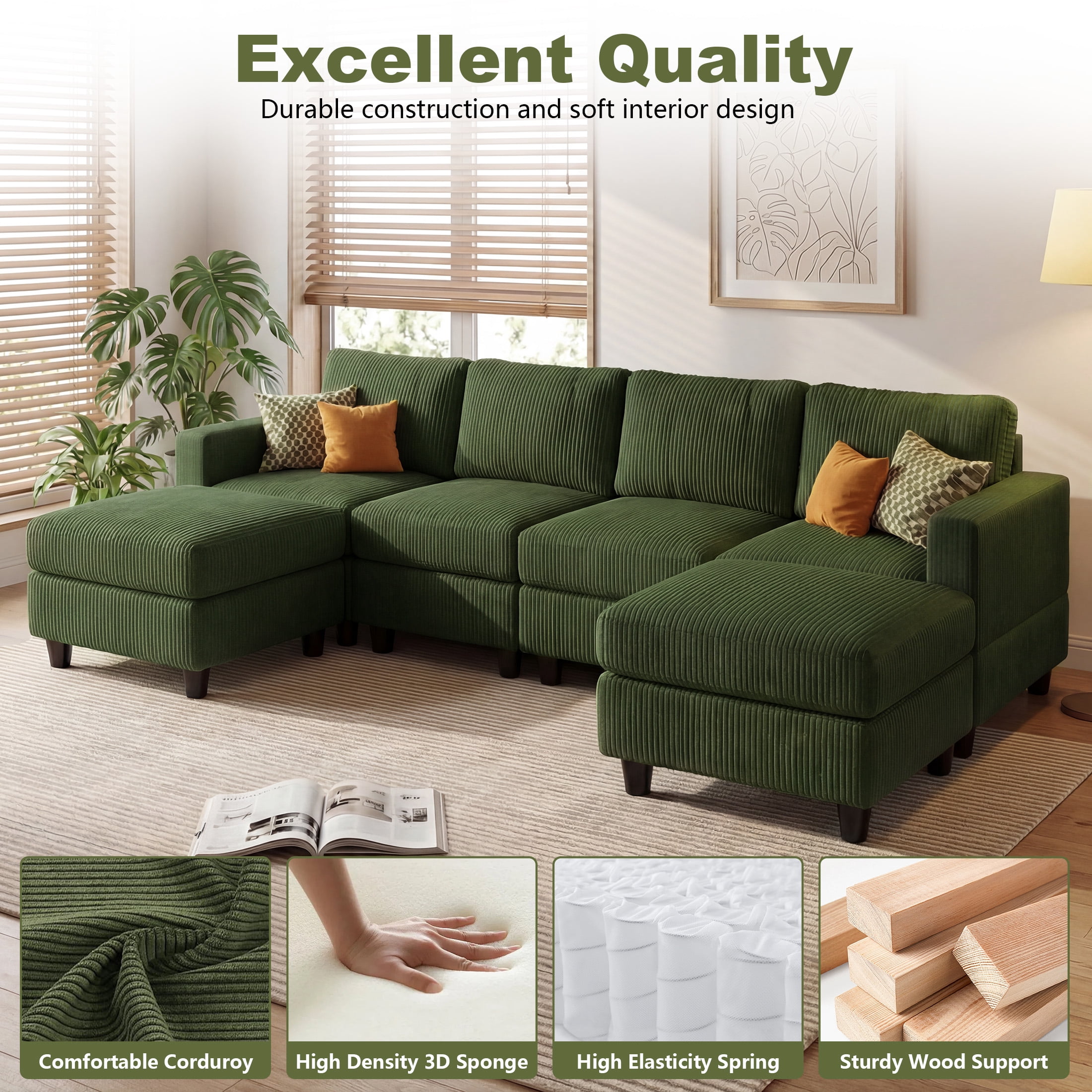Aukfa 101" Corduroy U-Shaped Sectional Sofa with 2 Ottomans, 6-Seater Cloud Couch, Green