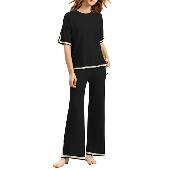 Lamuusaa Women's 2 Piece Casual OutfitsCrew Neck Tops Wide Leg Pants Loungewear Sets Streetwear