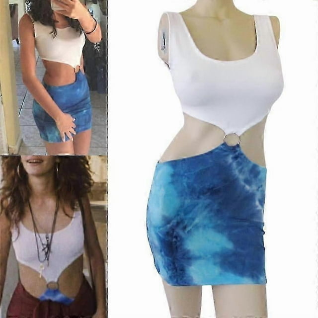 Movie Pretty Woman Julia Roberts Cosplay Vivian Ward Sexy Blue Bare Waist Tie-dye Cutout Dress