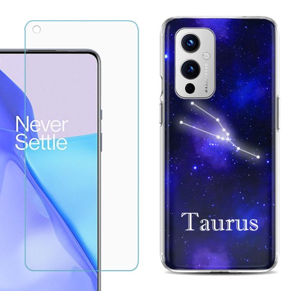 Slim-Fit TPU Phone Case Compatible with OnePlus 9 5G, with Tempered Glass Screen Protector, by OneToughShield ® - Zodiac / Taurus