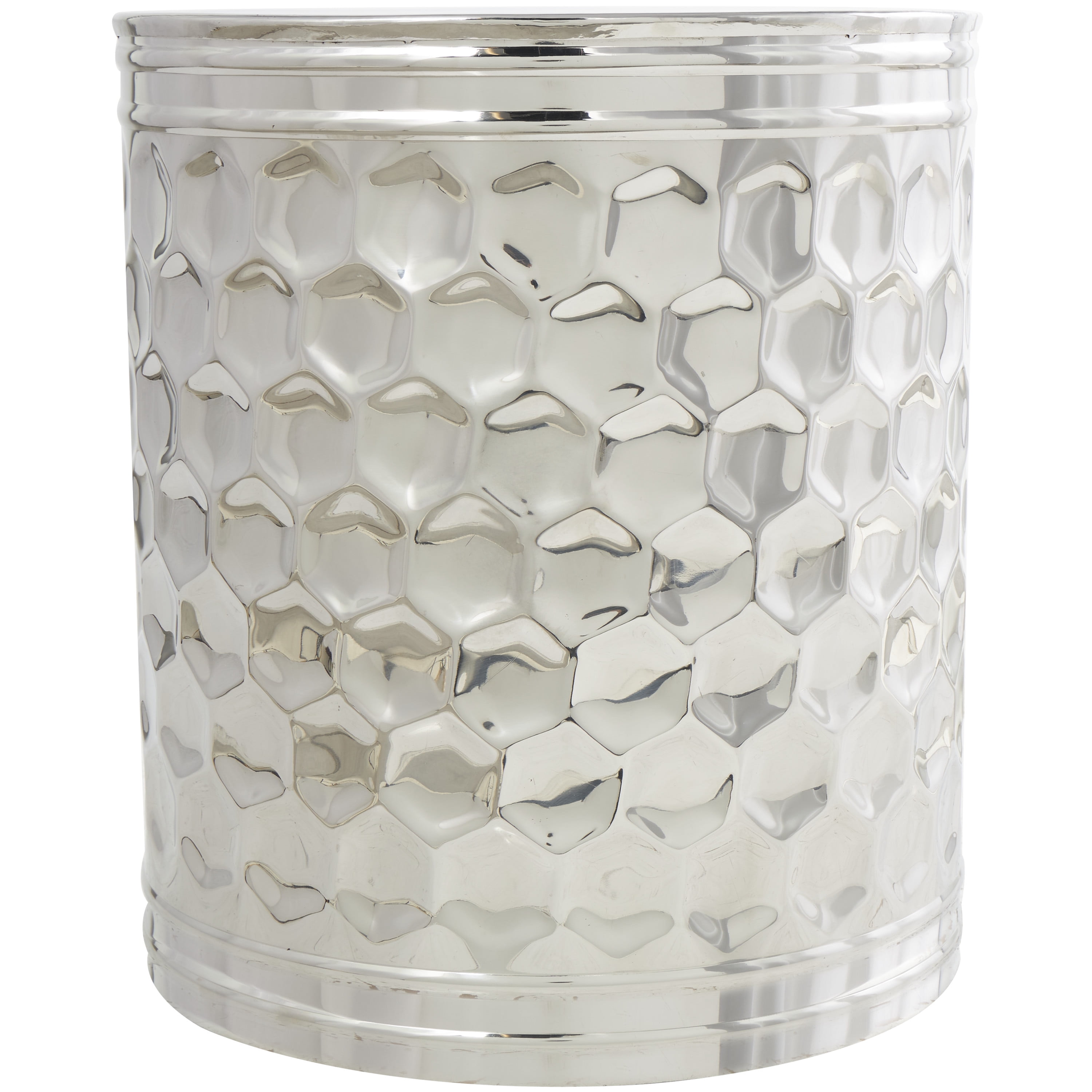 DecMode 16" x 18" Silver Stainless Steel Drum Geometric Accent Table with Hexagon Patterned Exterior, 1-Piece