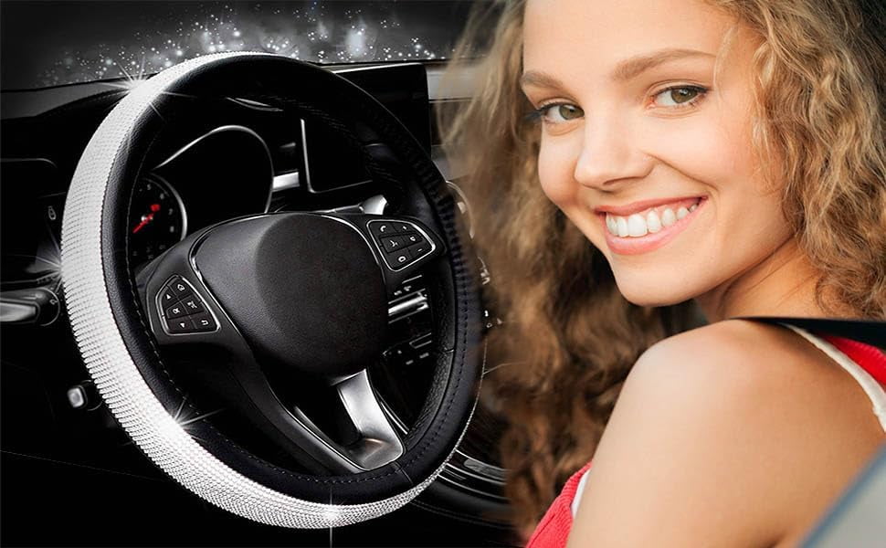New Diamond Leather Steering Wheel Cover,Bling Bling Crystal Rhinestones Steering Wheel Cover Universal Fit 15" Car Wheel Protector for Women Girls (Black)