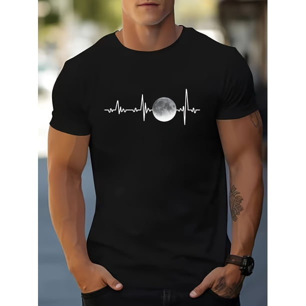 Men's ECG & Moon Print Cotton T-Shirt - Casual, Breathable Crew Neck Tee for Casual Attire
