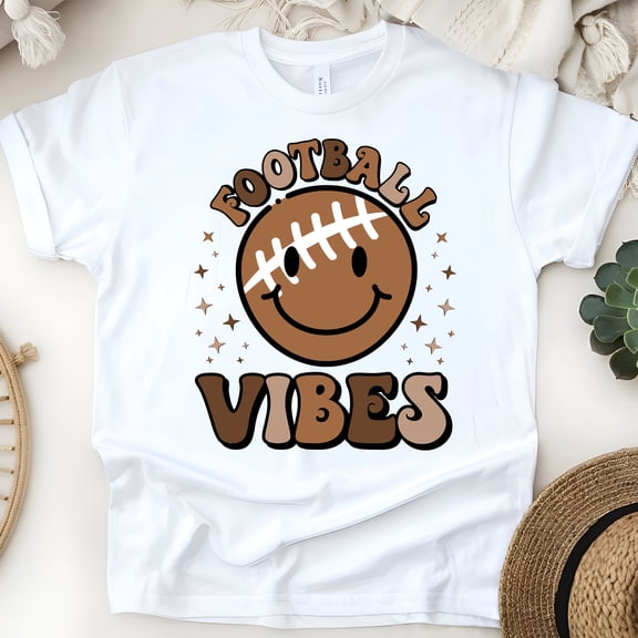 Football Vibes Smiley Face Retro T-Shirt | Cute Game Day Shirt for Women, White, Size S