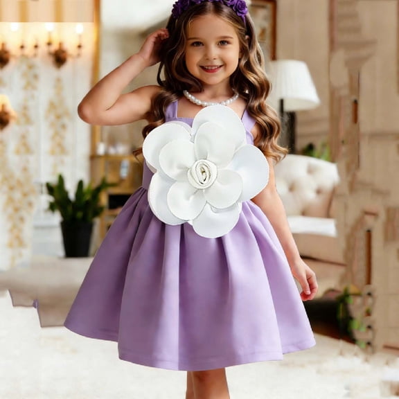 ITSAME Girls Dress, Ruffle Sleeveless Fashion Flower Cinched Waist Kids Wedding Party Pageant Dress Purple 7-8T