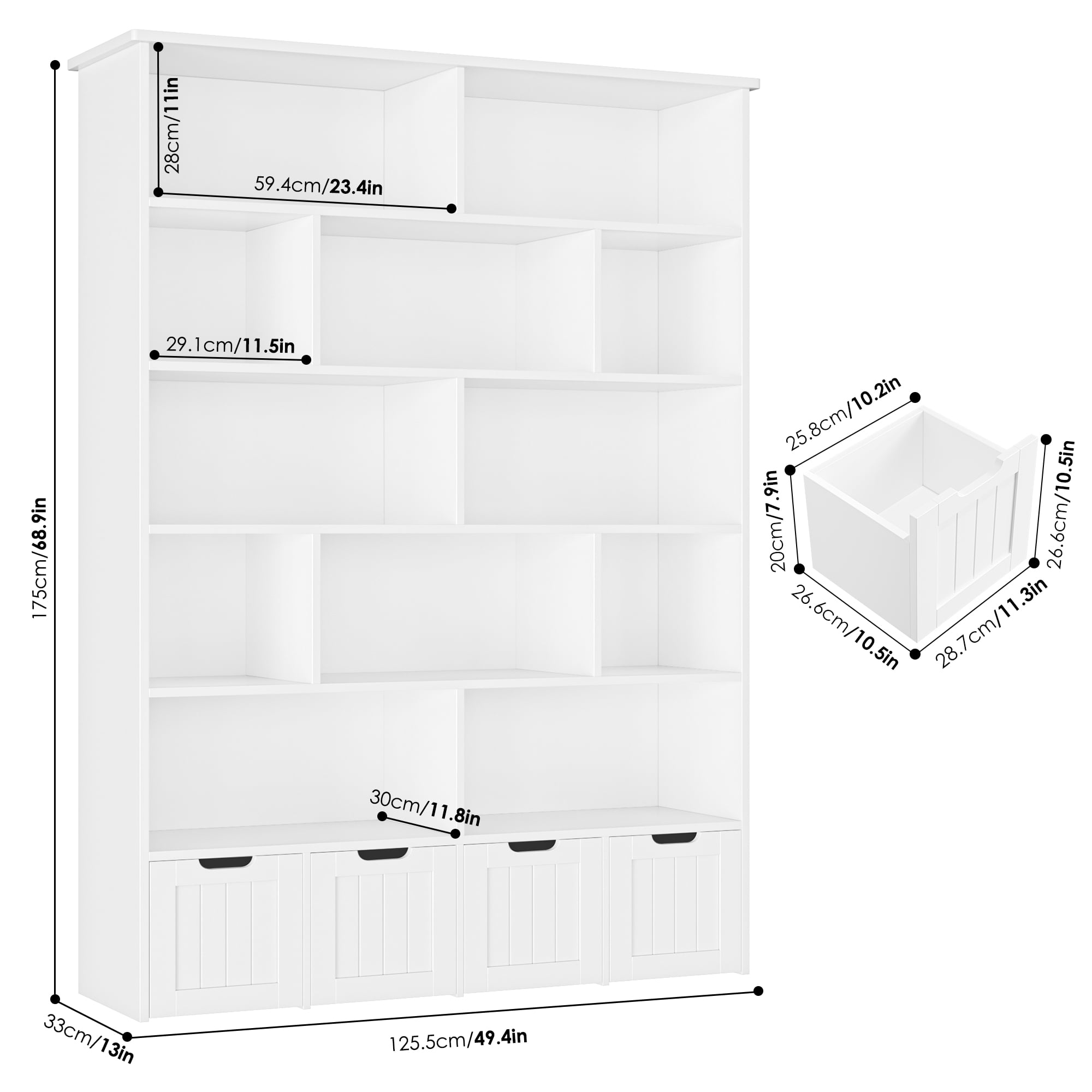 Homfa 68.9" Tall Toy Storage Organizer, 12 Storage Cubbies Bookcase with 4 Drawers for Playroom Living Room, White