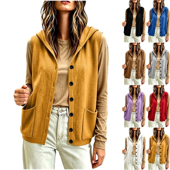 Women's Hooded Sweater Vest Button Down Sleeveless Cardigan Jacket Oversized Loose Casual Coat with Pockets for Daily Travel, Yellow, M