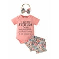 thumbnail image 2 of Aojekbee Baby Girls Summer Outfits Letter Print Short Sleeve Romper and Elastic Floral Shorts Cute Headband 3 Piece Clothes, 2 of 10