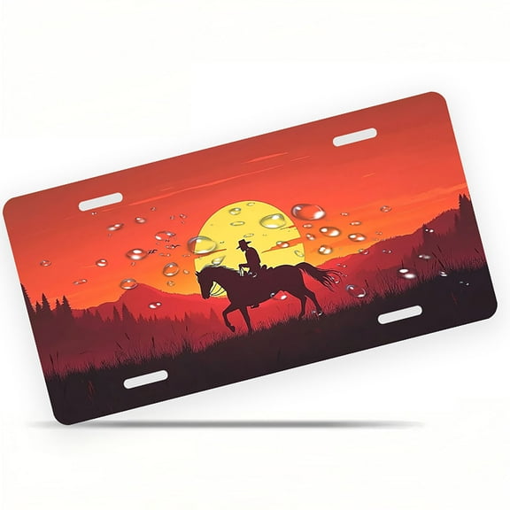 License Plate, Cowboy on Horse at Sunset Decorative Front,Personalized Stainless Steel License Plate Cover For Men Women,12.2" X 6.2"