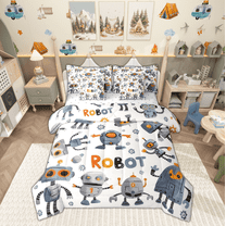 jejeloiu Modern Abstract Machine Bedding Comforter Set 7-Piece,Cartoon Super Robot King Bedding Sets,White Gray Bed Sheets For Childrens,Super Cozy Room Decor Reversible