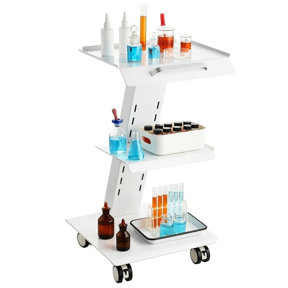 KFFKFF Laboratory Cart, Mobile Lab Trolley with Integrated Outlet, Three-Tiered Metal Rolling Cart, Swiveling Wheel Clinic Tray Cart, Supports up to 220 lbs