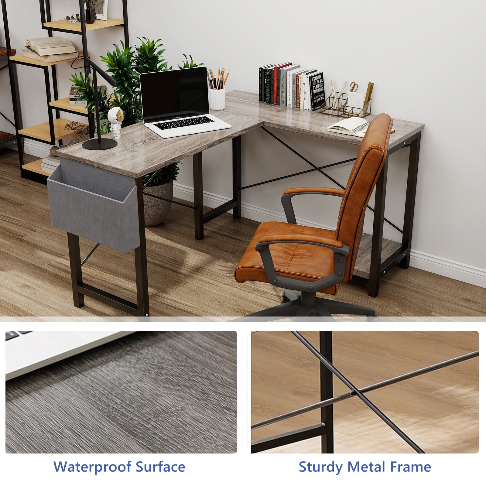 L Shaped Desk, 50 inch Reversible Corner Computer Desk with Storage Shelf & Side Bag, Home Office Working Workstation Gaming Table, Gray