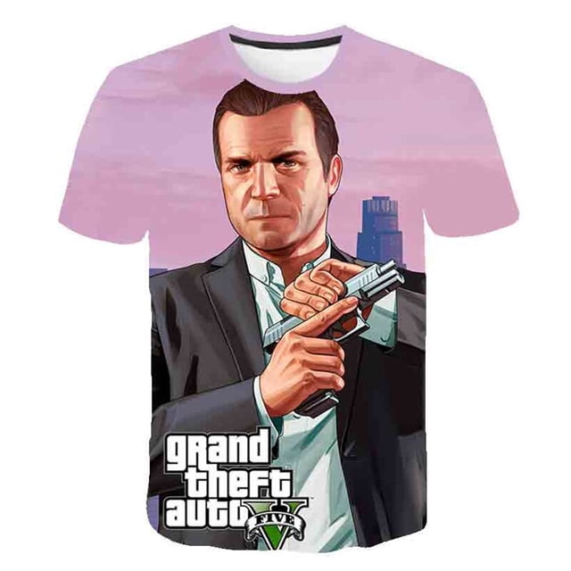 Juego GTA 5 camiseta niños nuevo Kawaii 2023 divertido verano dibujos animados 3D camiseta para niños niñas chico ropa Unisex manga corta 6M Gao Jinjia LED