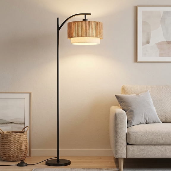 DAYBETTER Floor Lamp for Living Room, Arc Floor Lamps with 3 Color Temperatures, Farmhouse Unique Hanging Douoble Drum Lampshade, for Bedroom, Living Room
