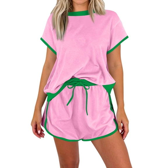 BOMYJESK Skort Sets for Women Casual Color Block Short Sleeve Shirts Loose Wide Leg Skort Workout Lounge Matching Set Fall Pink XL