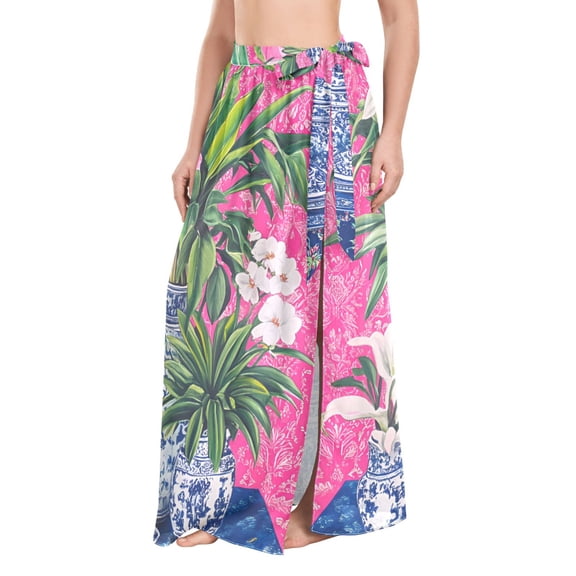 FORMRS Womens Long Sarong Beach Wrap Semi-Sheer Bikini Skirt Bathing Swimsuit Cover Up, White Vibrant Flowers