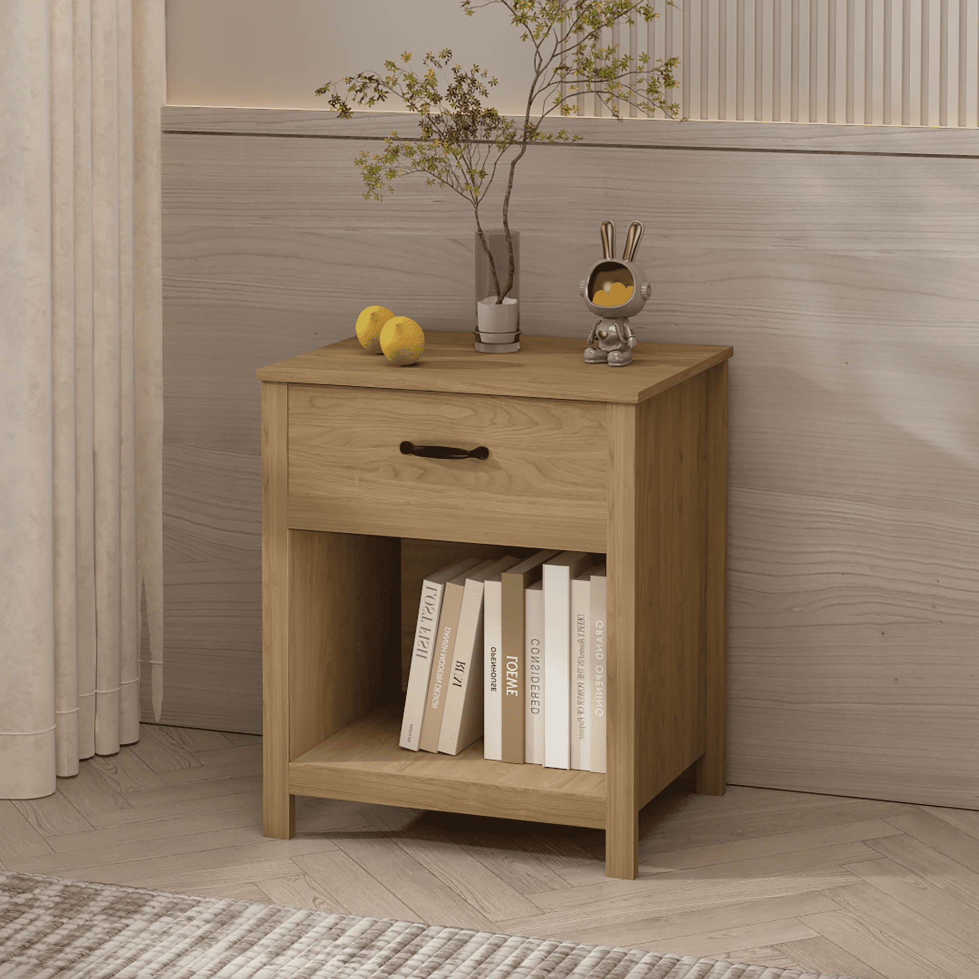 Wood Nightstand with Drawer and Open Shelf, Modern Bedside Table with Storage, Wooden End Table for Bedroom, Living Room or Apartment, Natural Finish, Brown
