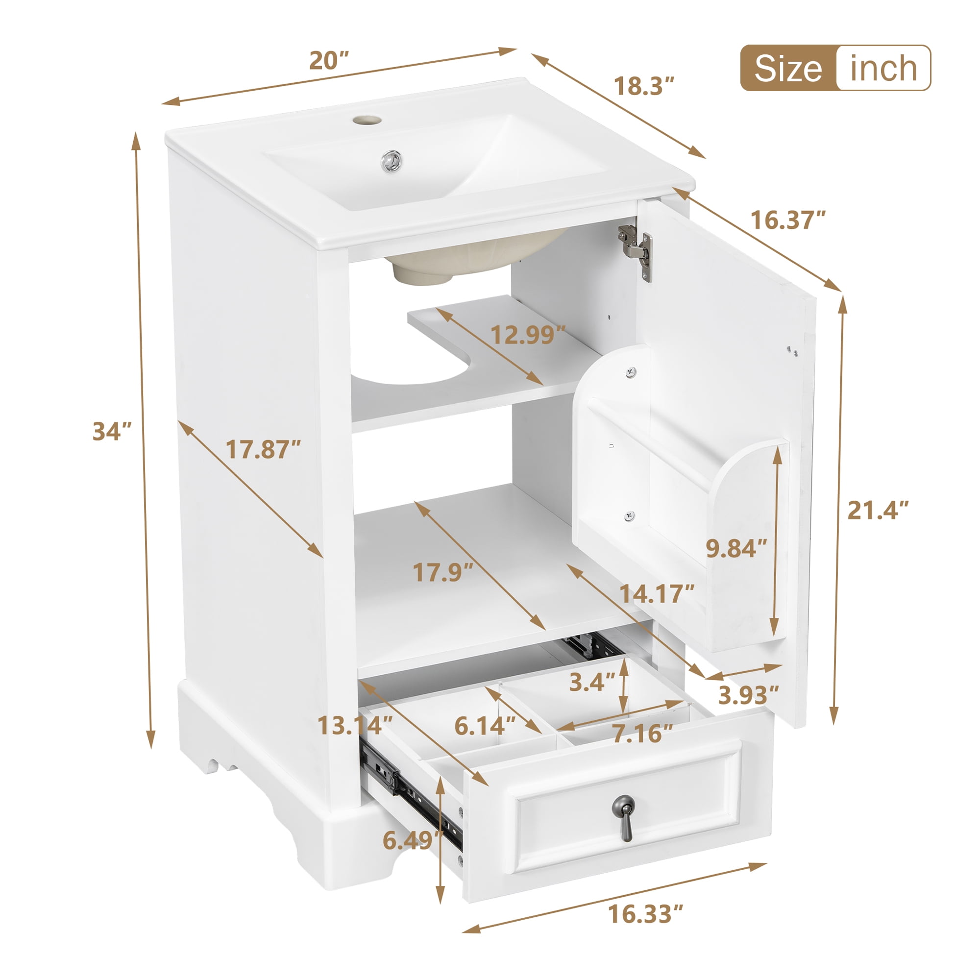 Harper & Bright Designs 20" White Bathroom Vanity with Sink, Modern Bathroom Cabinet Freestanding with Drawer, Wood Bathroom Storage Cabinet with Adjustable Shelf for Small Space