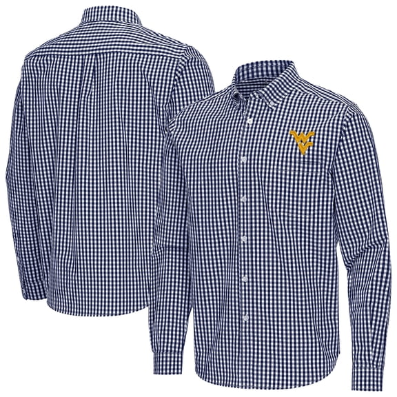 Men's Antigua Navy West Virginia Mountaineers Ellis Woven Tri-Blend Long Sleeve Button-Down Shirt