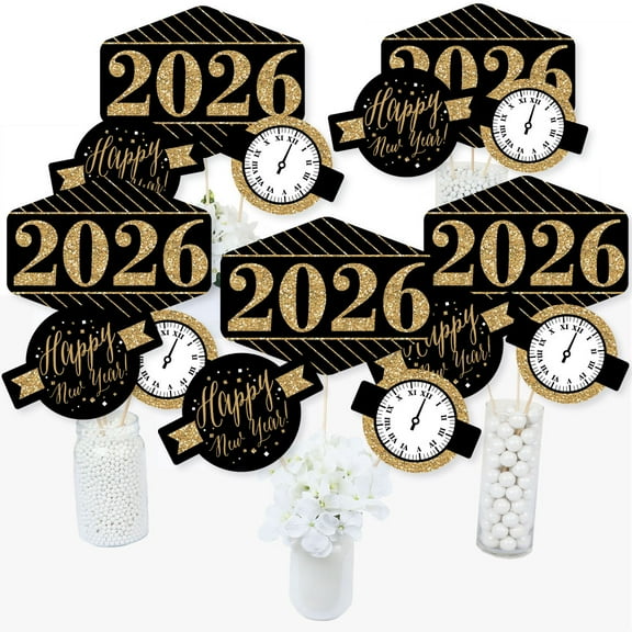 Big Dot of Happiness New Year's Eve - Gold - 2026 New Years Eve Party Centerpiece Sticks - Table Toppers - Set of 15