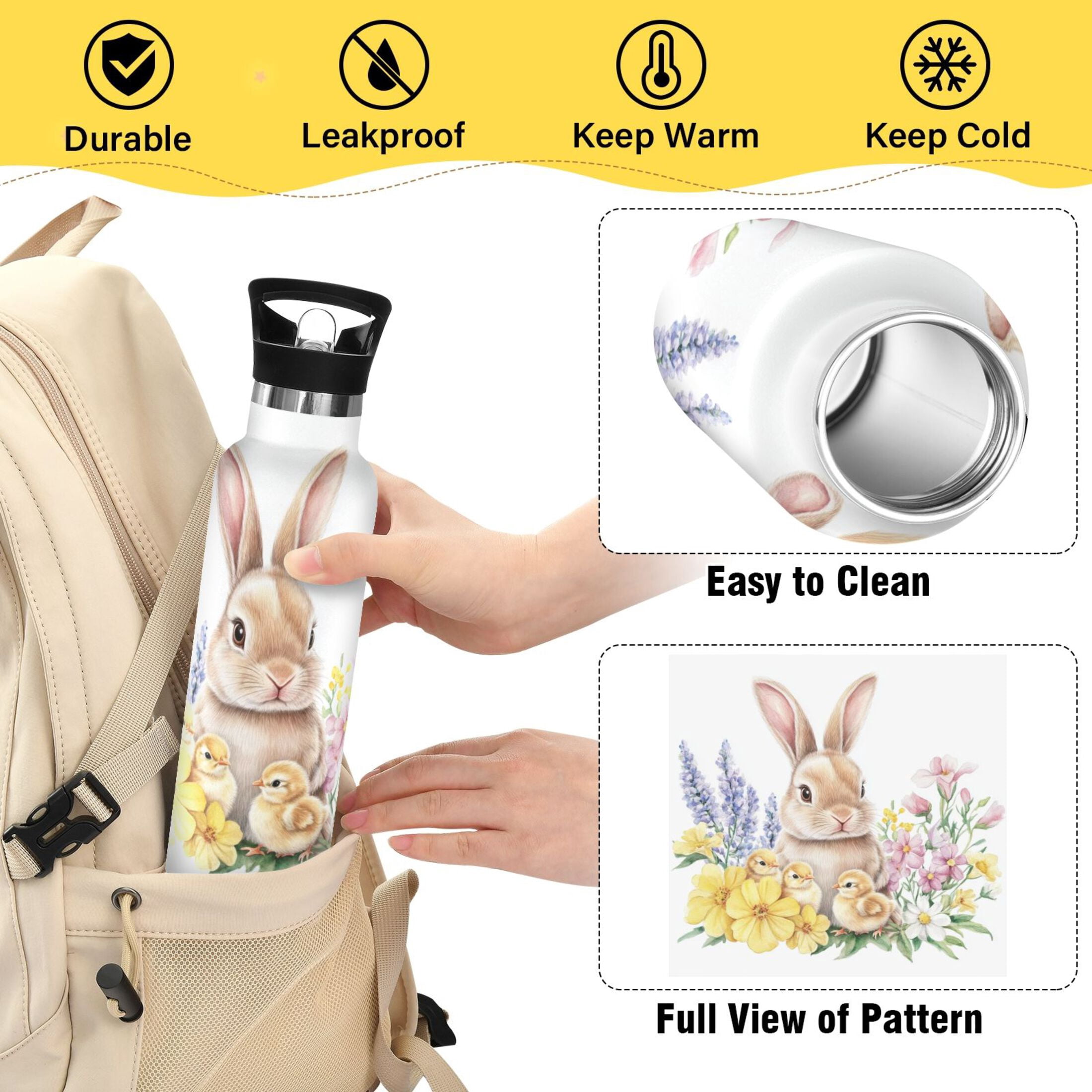 Kids Insulated Stainless Steel Sports Water Bottle 600ml (20oz), BPA-Free Easter Bunny and Chicks