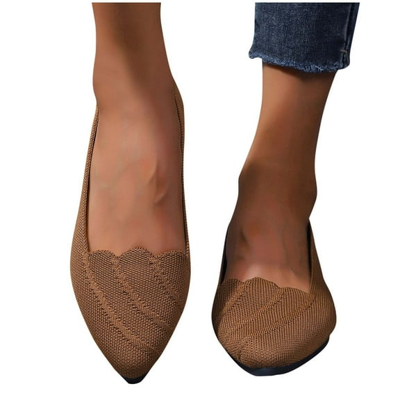 Xfvqtps Womens Casual Flat Shoes Soft Breathable Flying Woven Pointed Toe Slip on Lightweight Comfortable Walking Shoes Outfits Brown