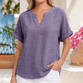 thumbnail image 2 of Oversized Tshirts for Women Casual Linen Cotton V Neck Short Sleeve Tops Loose Comfy Purple Summer Tops for Women, 2 of 9