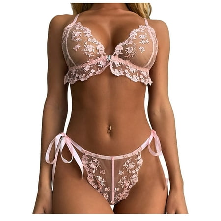 

DNDKILG Lace Babydoll Lingerie for Women Teddy Sexy Lingerie Set Ruffle Bra and Panty Sets Pink XL