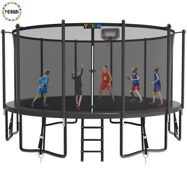 YORIN Trampoline, 16FT Trampoline for 8-9 Kids Adults with Enclosure Net, 1500LBS Outdoor Trampoline with Basketball Hoop, Ladder, Galvanized Anti-Rust Coating Heavy Duty Round Trampoline