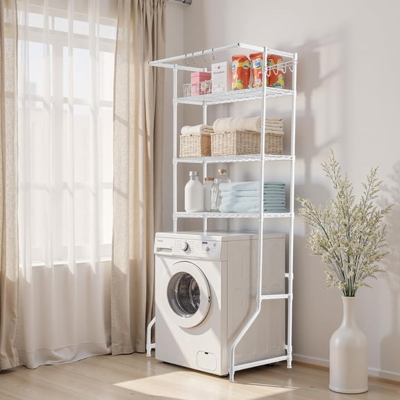 Over The Washer and Dryer Storage Shelf, 3 Tier Laundry Room Drying Rack with Hanger Rod and Hooks, Adjustable Over Washer and Dryer Shelves, Laundry Room Shelf Storage Space Saver, White