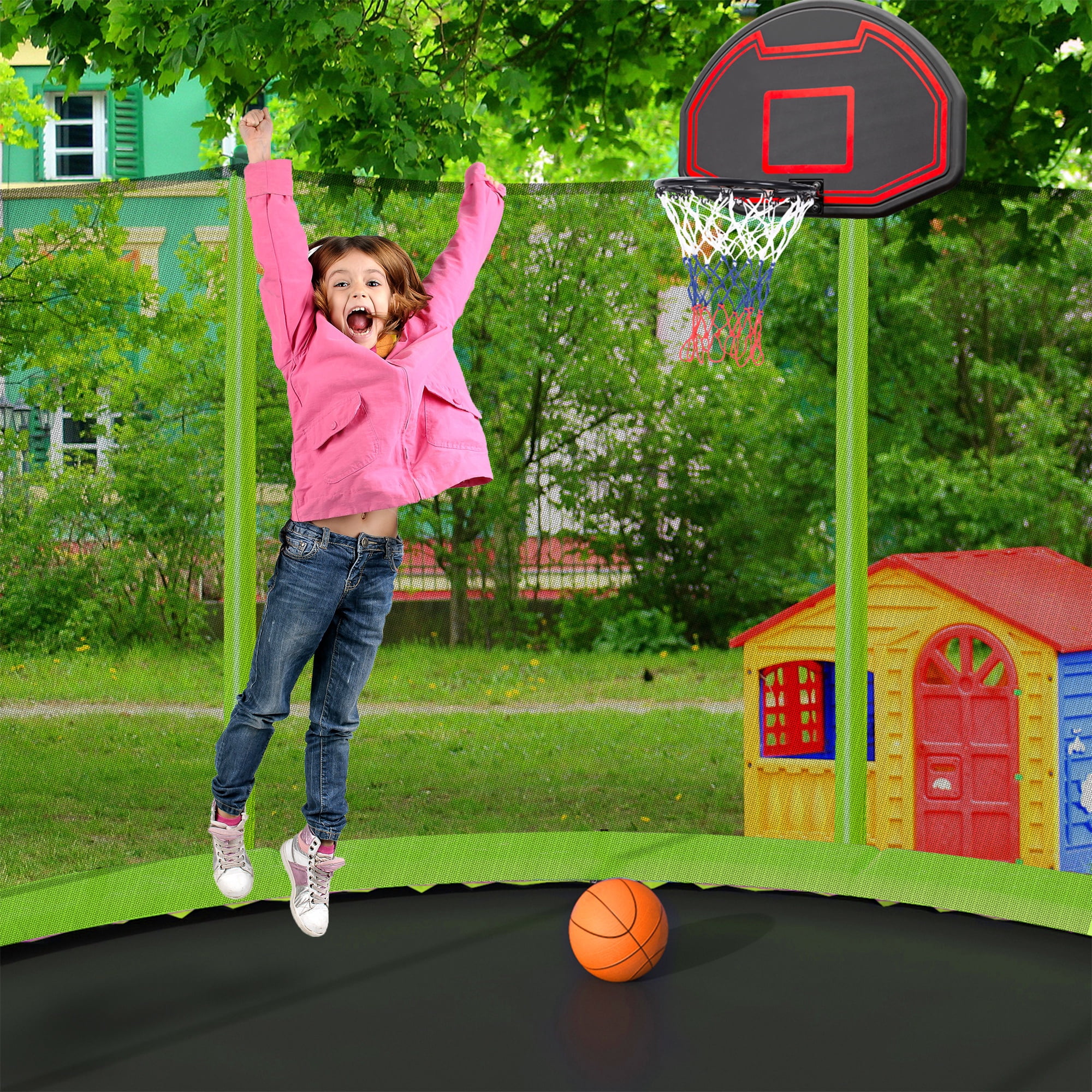 16FT Trampoline with Soccer Goal, SEGMART Recreational Trampoline with Basketball Hoop and Ladder, Heavy Duty Outdoor Backyard Trampoline with Net for Kids and Adults, Green