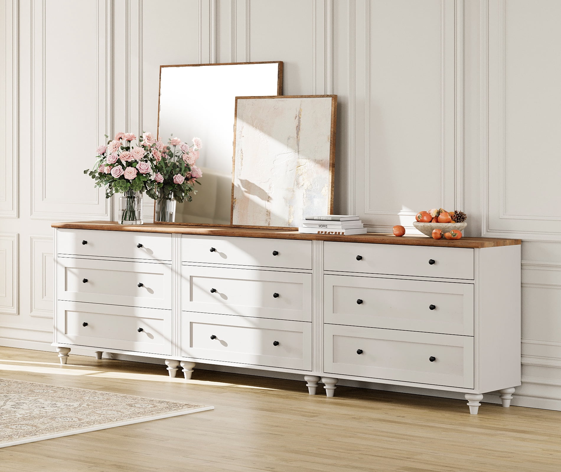 102" Dresser Cabinet with 9 Drawers, Mid-Century Modern Wooden Bedroom Closet Storage Organizer, Farmhouse Small Dressers Suitable for Living Room, Nursery, and Hallway, White
